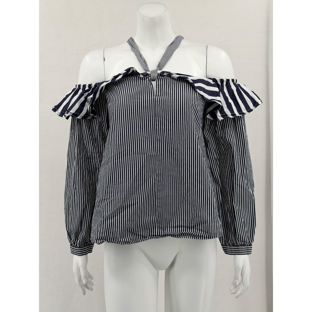 J Crew Top Women 12 Navy White Stripe Cold Shoulder Ruffle Nautical Beach Cotton